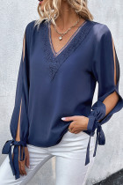 Dark Blue V Neck Lace Hollow Out Long Sleeves Blouse