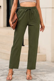 Green Drawstring Elastic Waist Pockets Long Straight Legs Pants