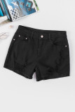 Black Solid Color Distressed Denim Shorts