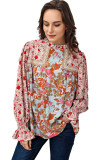 Multicolor Lace Trim Contrast Floral Long Puff Sleeve Blouse