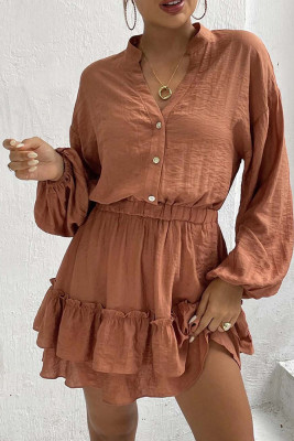 V Neck Button Smocked Ruffle Hem Dress 