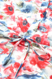 Sky Blue Vintage Floral Print Drawstring Flowy Dress