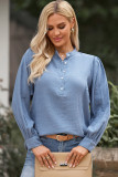 Blue Solid Textured Buttoned Front Bubble Sleeve Blouse