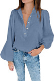Blue Solid Textured Buttoned Front Bubble Sleeve Blouse