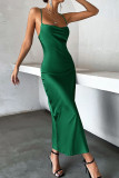 Dark Green Silky Backless Strappy Maxi Dress