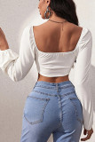 White Square Neck Tucked Bubble Sleeves Crop Top