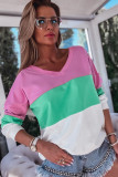 Pink Ribbed V Neck Color Block Patchwork Sweatshirt
