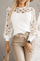 White Hollowed Floral Lace Splicing Long Sleeve Top