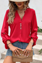 Red V Neck Buttoned Long Sleeves Blouse