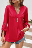 Red V Neck Buttoned Long Sleeves Blouse