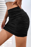 Black High Waist Elastic Smocked Dress 
