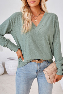 Plain V Neck Buttoned Cuff Jacquard Long Sleeves Top