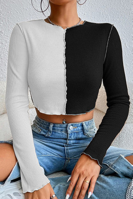 Colorblock Waffle Long Sleeves Crop Top 