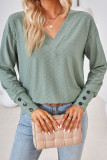 Plain V Neck Buttoned Cuff Jacquard Long Sleeves Top