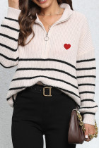 Zipper Down Striped Heart Embroidery Pullover Sweater