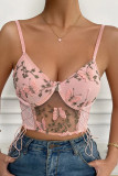 Pink Embroidered Butterfly Side Tie Mesh Bustier Bralette
