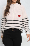 Zipper Down Striped Heart Embroidery Pullover Sweater