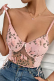 Pink Embroidered Butterfly Side Tie Mesh Bustier Bralette