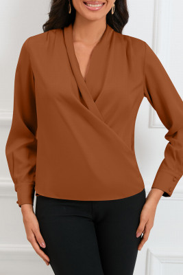 Brown Solid Wrap V Neck Long Sleeve Top