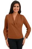 Brown Solid Wrap V Neck Long Sleeve Top