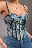 Blue Embroidery Floral Shaper Crop Top