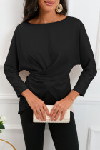 Black Lace-up Wrapped Split Hem Solid Long Sleeve Top