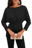 Black Lace-up Wrapped Split Hem Solid Long Sleeve Top