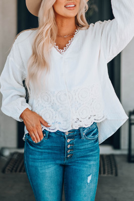 White Lace Trim Applique Crinkle Cotton Shirt