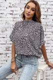 Black Oversized Leopard Ruched Batwing Sleeve Blouse