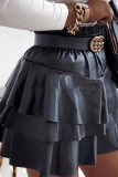 High Waist Leather Ruffle Hem Short Skirt Dress 