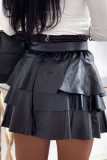 High Waist Leather Ruffle Hem Short Skirt Dress 