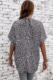 Black Oversized Leopard Ruched Batwing Sleeve Blouse