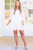 White Gingham Square Neck Puff Sleeve Plus Size Dress