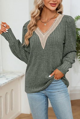 Ribbed Knitting V Neck Long Sleeves Top 