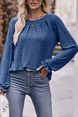 Plain Gathering Screw Neck Long Sleeves Top