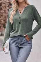 Plain V Neck Buttoned Long Sleeves Top