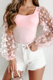 Pink Butterfly Tulle Sleeve Square Neck Bodysuit