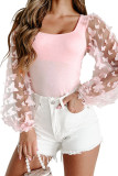 Pink Butterfly Tulle Sleeve Square Neck Bodysuit