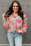 Pink Floral Print Tiered Ruffled Long Sleeve Blouse