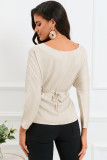 Apricot Lace-up Wrapped Split Hem Solid Long Sleeve Top