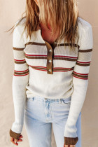 White Rib Knitted Stripe Detail Henley Sweater