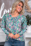 Green Floral Pleated Round Neck Long Sleeve Blouse