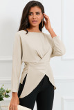 Apricot Lace-up Wrapped Split Hem Solid Long Sleeve Top