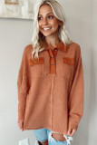 Brown Waffle Knit Button Contrast Trim Long Sleeve Top