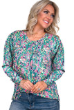 Green Floral Pleated Round Neck Long Sleeve Blouse