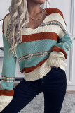 Sky Blue Striped Pattern Knit V Neck Sweater