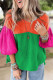 Multicolor Crinkle Bubble Sleeve Color Block Blouse