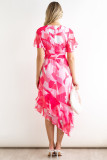 Rose Abstract Print Asymmetric Ruffle Hem Belted Dress