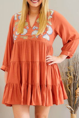 Orange Embroidered Tiered Ruffle Dress