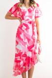 Rose Abstract Print Asymmetric Ruffle Hem Belted Dress